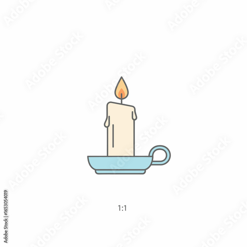 A simple line art icon of a lit candle with melting wax in a blue candlestick holder.