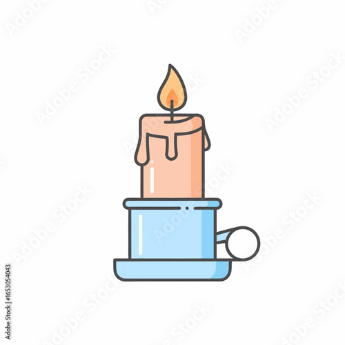 A simple cartoon illustration of a lit candle with melting wax in a blue candlestick holder.