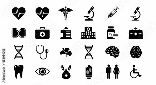 Healthcare and medicine icons in solid black including heart, hospital, microscope, syringe, DNA, and medical tools for health awareness.