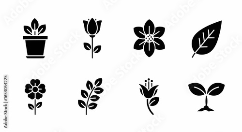 Solid black tulip flower and botanical icons featuring blooming petals, leaves, and natural design elements for eco-friendly themes.