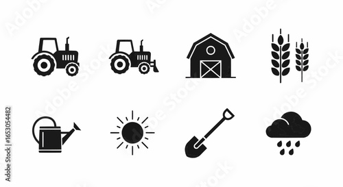Black solid agriculture icons set with tractor, barn, shovel, and sun for farming, cultivation, and rural lifestyle themes.