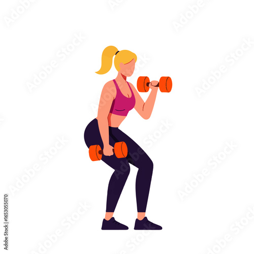 Woman performing a dumbbell squat exercise, illustration.