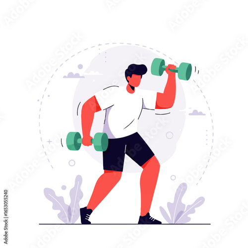 Man lifting dumbbells in a dynamic exercise pose.