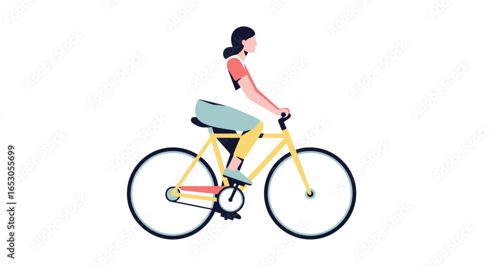 Fototapeta premium Minimalist Illustration of a Woman Cycling, Promoting Sustainable Transportation and Active Lifestyles for Health, Environment, and Urban Mobility Initiatives