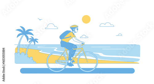 Cyclist riding along a serene beach road, enjoying the coastal scenery. Suitable for travel brochures, fitness campaigns, or promoting outdoor activities