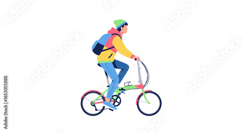 Young adult riding a folding bicycle for urban commuting and sustainable transportation, promoting eco-friendly travel and active lifestyle choices for city dwellers.