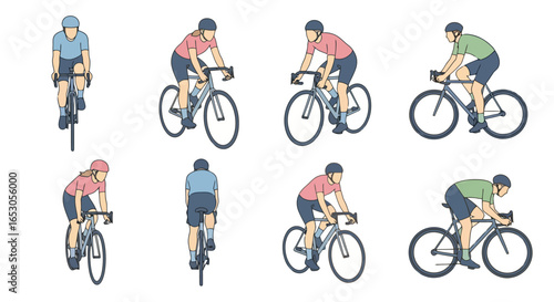 Cyclists in Various Poses and Angles for Illustrative Purposes in Sports Guides and Cycling Safety Manuals, Demonstrating Proper Form and Technique