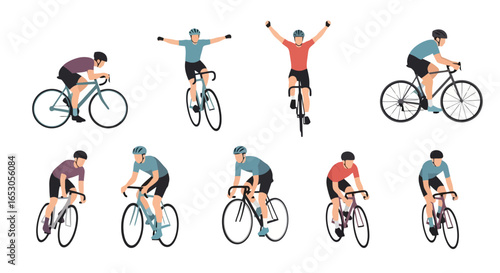 Cyclist Action Poses Vector Illustration for Sports, Fitness, and Transportation Design Projects. Ideal for Cycling Promotion, Health & Fitness Content and Transportation Solutions.