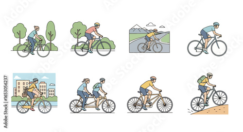 Diverse Cycling Scenarios Depicting Various Riders and Terrains for Promoting Fitness, Recreation, and Eco-Friendly Transportation Initiatives.