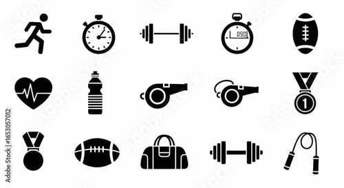 Vector fitness and sport icons including stopwatch, dumbbell, whistle, water bottle, and gym bag
