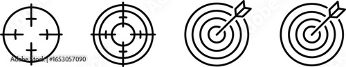 Arrow Hitting Center Targets Icon Set, Outline Style Symbols on Transparent Background