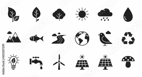 Vector eco and nature icons including tree, globe, bird, wind, rain, and renewable energy for environment