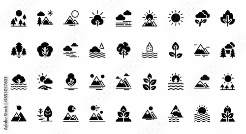 Vector farm and landscape icons including field, mountain, tree, and sun representing agriculture, rural life, and environment