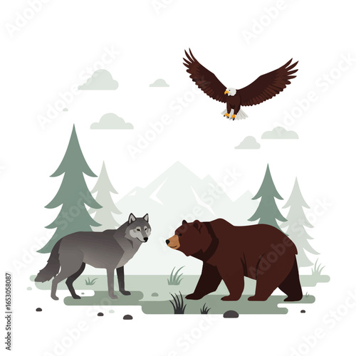 Illustration depicts a wolf, bear, and eagle in a natural forest environment.