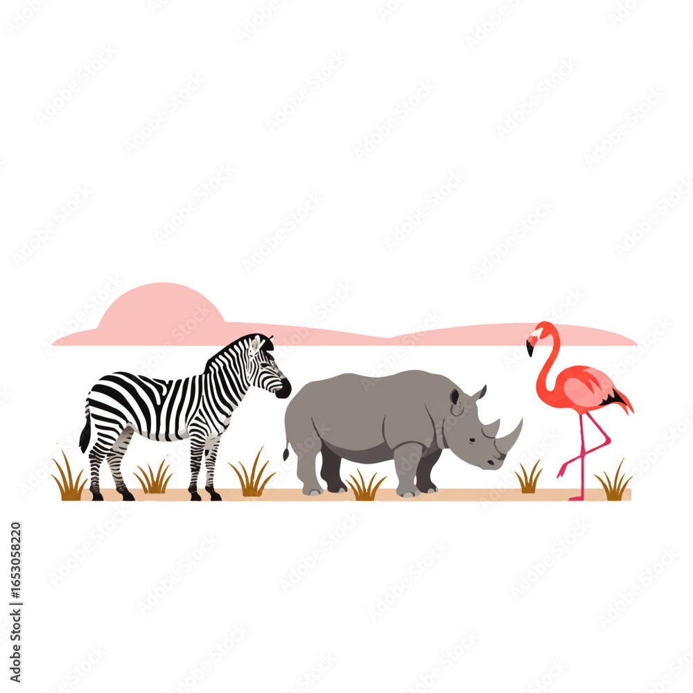 Obraz premium Illustration of a zebra, rhinoceros, and flamingo standing in a savanna-like environment.