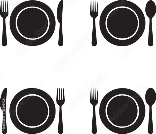 Set of Plate with fork silhouette vector illustration isolated On Transparent Background