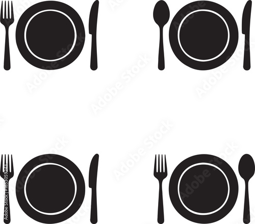 Set of Plate with fork silhouette vector illustration isolated On Transparent Background