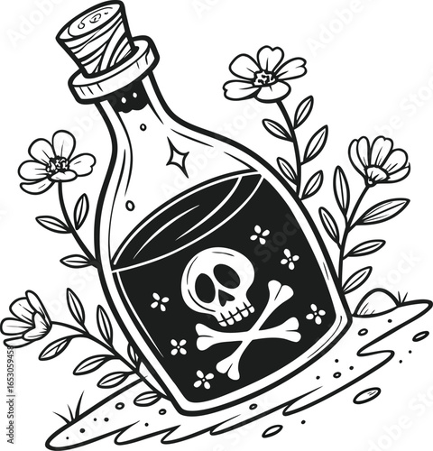 Vector art of a poisonous liquid in a bottle with a skull and crossbones surrounded by flowers is a warning of danger