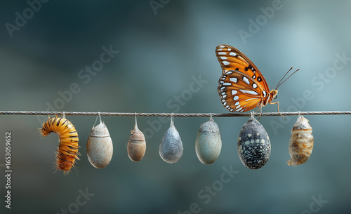A butterfly's life cycle from an egg, caterpillar, and chrysalis to the adult butterfly, with the butterflies hanging on a wire against a blurred background