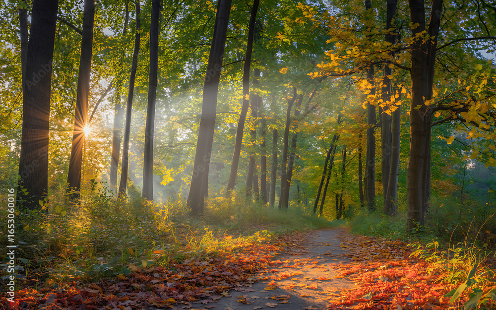 Fototapeta premium Sunlight shining through trees in an autumn forest scene