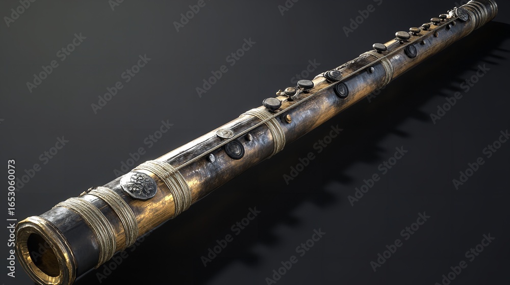 Naklejka premium A close up shot of an antique flute with silver and gold accents on a dark background in a studio setting