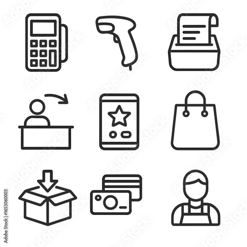 Retail Service Icons. Line style icons of retail and storefront services: POS terminal icon, barcode scanner, customer receipt