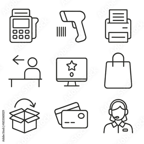 Retail Service Icons. Line style icons of retail and storefront services: POS terminal icon, barcode scanner, customer receipt