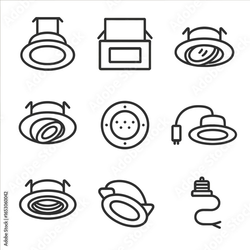 Downlight Icons Collection. Line style icons of Recessed Downlights: round can light, square trim, gimbal adjustable, eyeball tilt