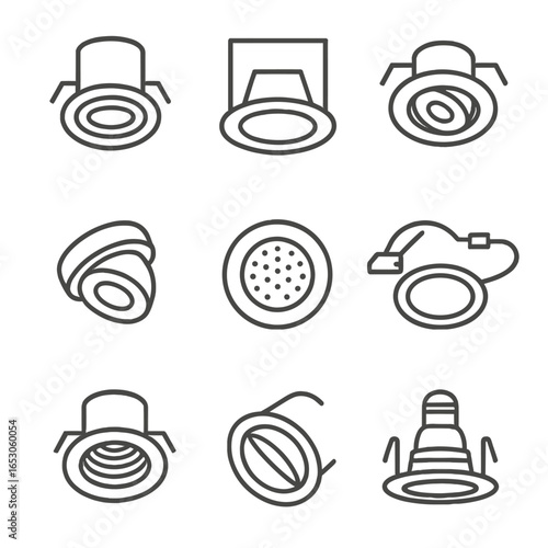 Downlight Icons Collection. Line style icons of Recessed Downlights: round can light, square trim, gimbal adjustable, eyeball tilt