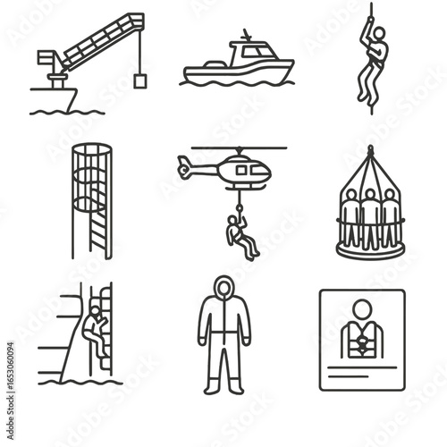Personnel Transfer Icons. Line style icons of Personnel Transfer Systems: motion compensated gangway, daughter craft, swing rope,