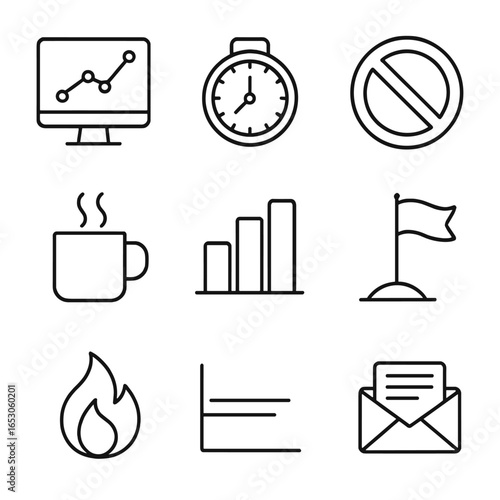 Performance Metrics Icons. Line style icons of Performance Metrics Monitor: productivity chart, focus timer, distraction block