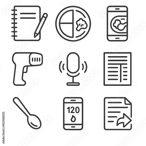 Dietary Tracking Icons. Line style icons of Dietary Intake Recording: food log notebook, portion plate, photo meal snap, barcode