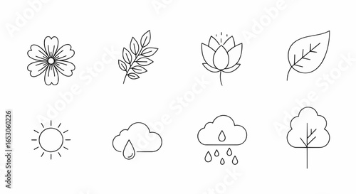 Minimal line icons of lotus flower, leaf, and rain cloud representing nature, purity, and environmental balance