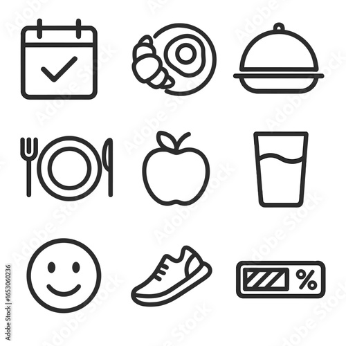 Food Diary Icons. Line style icons of Food Diary Tracking: calendar day, breakfast icon, lunch icon, dinner plate, snack apple,