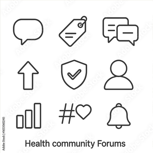 Health Forum Icons. Line style icons of Health Community Forums: discussion bubble, topic tag, reply thread, upvote arrow,
