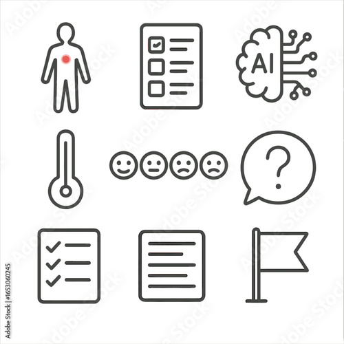 Online Symptom Checker Icons. Line style icons of Online Symptom Checker: body silhouette, red spot marker, multiple choice form,