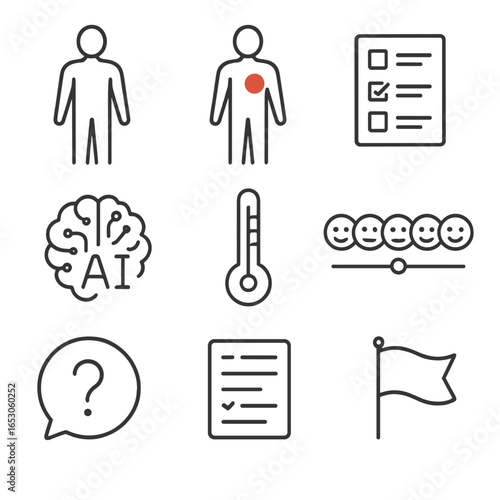 Online Symptom Checker Icons. Line style icons of Online Symptom Checker: body silhouette, red spot marker, multiple choice form,