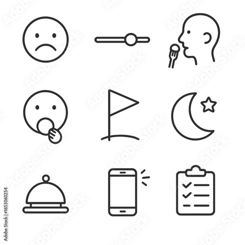 Eating Behavior Icons. Line style icons of Eating Behavior Survey: hunger scale face, satiety slider, mindful bite icon, emotional