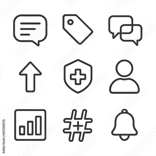 Health Forum Icons. Line style icons of Health Community Forums: discussion bubble, topic tag, reply thread, upvote arrow,