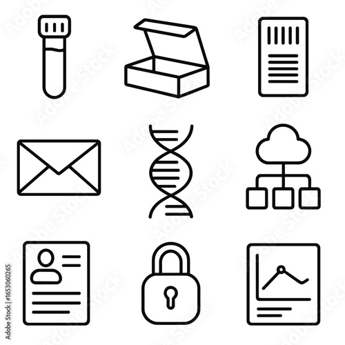 Genetic Testing Icons. Line style icons of At-Home Genetic Testing Kits: saliva tube, collection box, barcode sticker, mail