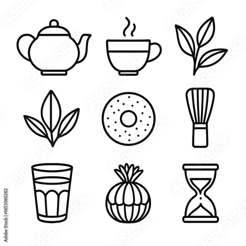 Tea Varieties Icons. Outline style icon of Hot Tea Varieties: black tea pot, green tea cup, oolong leaf, white tea bud, pu-erh