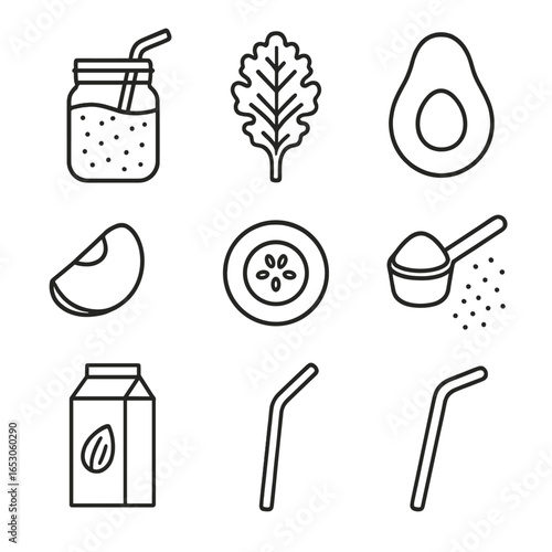 Green Smoothie Ingredients Icon. Outline style icon of Green Smoothies: spinach smoothie jar, kale leaf, avocado half, cucumber