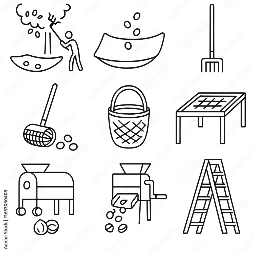 Fototapeta premium Nut Harvest Tool Icons. Outline style icon of Nut Harvest Tools: shaking pole, catching tarp, nut rake, nut roller, gathering