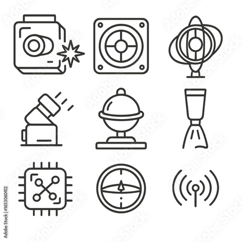 Spacecraft Control Icons. Outline style icon of Spacecraft Attitude Control: star tracker camera, reaction wheel, gyroscope ring,