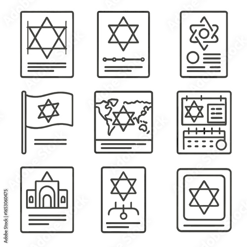 Outline Star Icons. Outline style icon of Star of David Educational Posters: geometric breakdown star, history timeline star,
