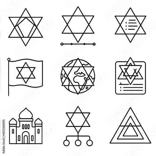 Outline Star Icons. Outline style icon of Star of David Educational Posters: geometric breakdown star, history timeline star,