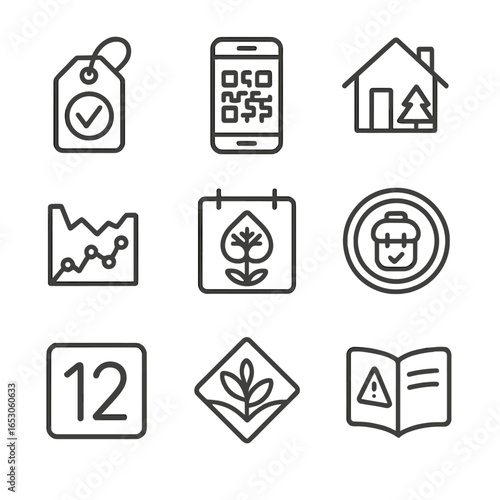 Outdoor Regulation Icons. Outline style icon of Permit & Regulation Items: permit tag, reservation QR, ranger station icon, canyon