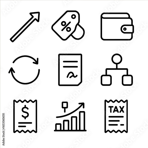 Royalty Flow Diagram. Outline style icon of Creator Royalty Flow: sale arrow, royalty percent tag, wallet payout, secondary market