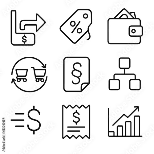 Royalty Flow Diagram. Outline style icon of Creator Royalty Flow: sale arrow, royalty percent tag, wallet payout, secondary market