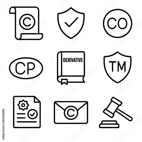 Legal Icons Set. Outline style icon of Legal & IP Considerations: copyright scroll, license badge, CC-0 icon, IP transfer stamp,